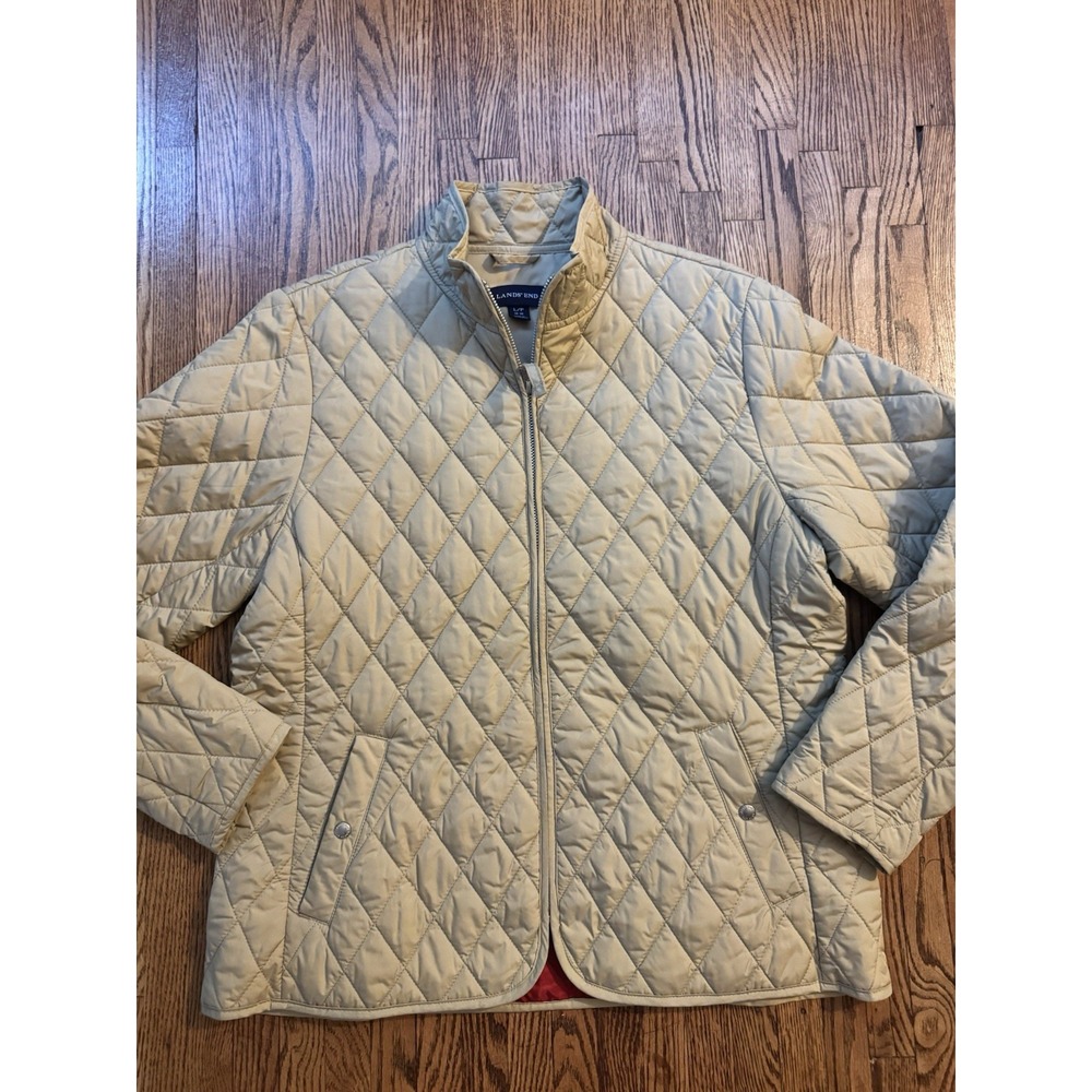 Lands' End Women's L 14-16 Quilted Jacket Tan Red Lined Barn Coat